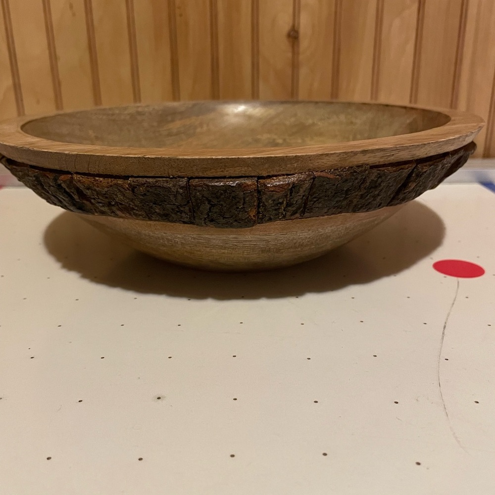 Vintage India Hand Carved Wood Bowl With Tree Bark Trim 10”